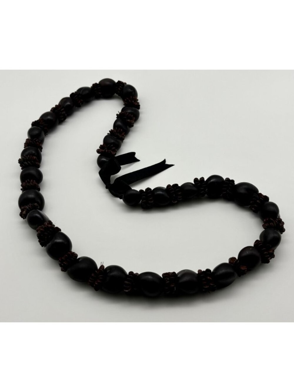Vintage Hawaiian Lei Kukui Nut And Seeds Necklace With Ribbon Closure, Hand-Made - Picture 4 of 16